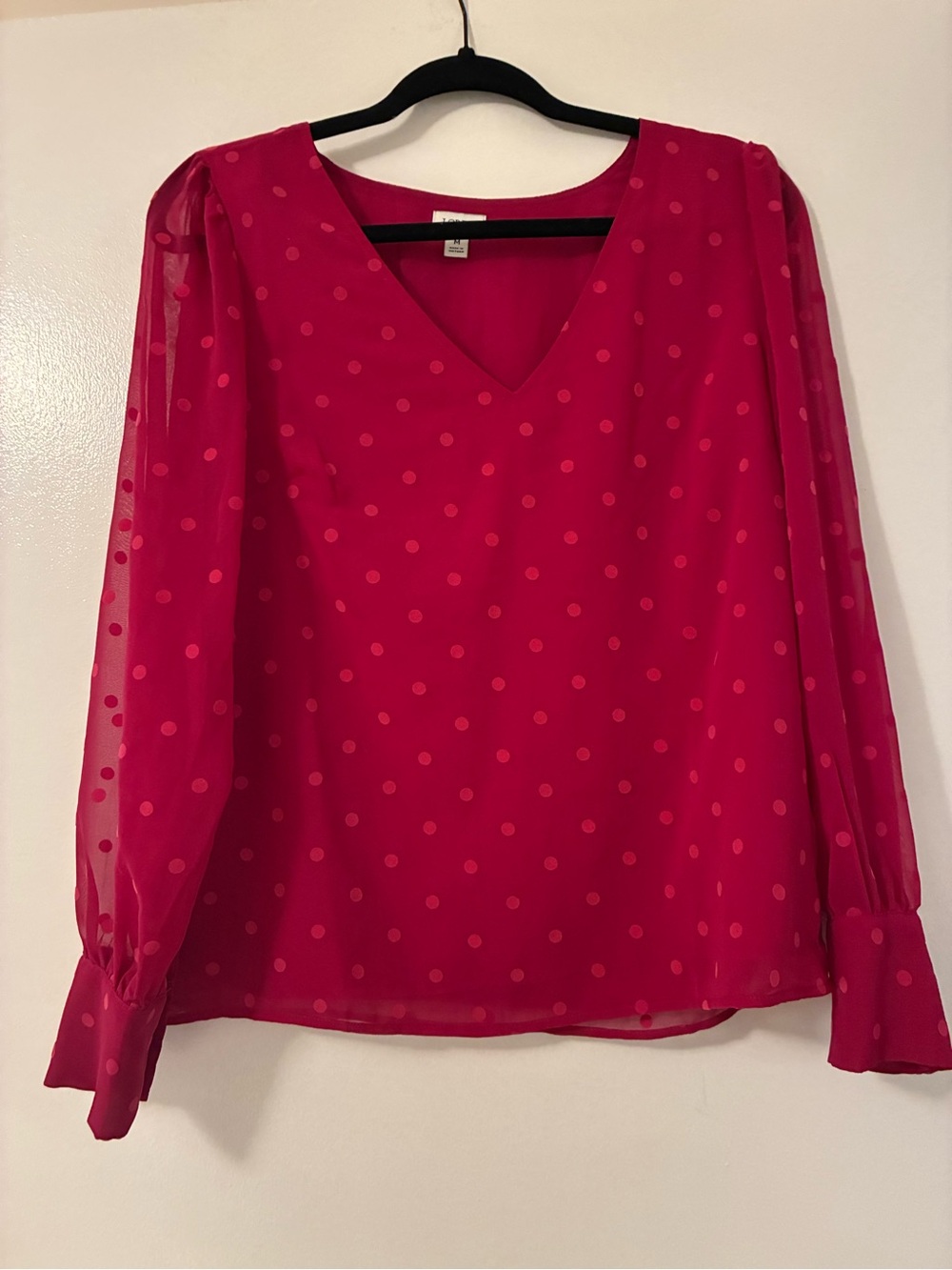 J. Crew V-Neck Sheer Polka Dot Blouse - Bright Pink